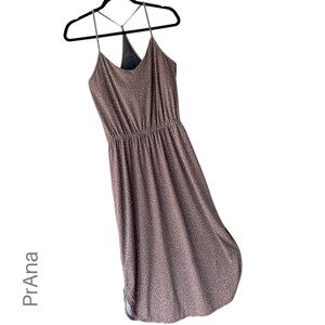 PRANA AYLA RACERBACK MIDI DRESS BROWN BLUE DOTS SPAGHETTI STRAPS | SIZE SMALL